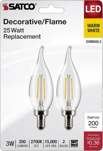 Vista 8 de Satco Bombillas LED transparentes para candelabros, 3 W, tipo CA10, blanco suave, 2700 K, 200 L, base de vela E12, regulables para comedor, lámpara
