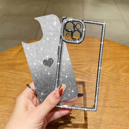 Vista 3 de Funda para iPhone 13, funda de diamantes de imitación de lujo con patrón de corazón de amor de cristal [papel con purpurina extraíble], parachoques