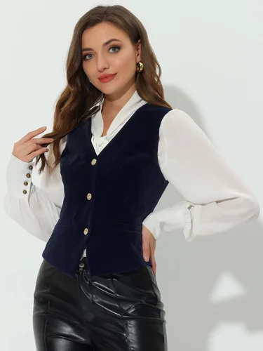 Vista 2 de Allegra K Chaleco Steampunk de terciopelo sin mangas con botones y cuello en V para mujer