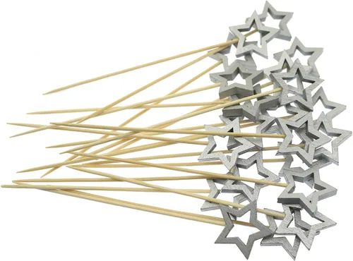 Vista 5 de Star Cocktail Pick yyangz - 100 púas de cóctel de bambú en forma de estrella plateada, palillos de dientes de Navidad para aperitivo, barbacoa
