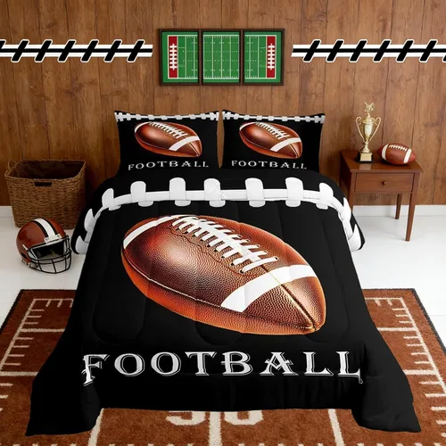 Vista 21 de Feelyou Juego de edredón de fútbol, tamaño individual, juego de ropa de cama deportiva de rugby para niños y niñas, color negro y marrón, edredón