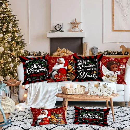 Vista 3 de Lanpn Juego de 4 fundas de almohada navideñas de Papá Noel negro de 16 x 16 pulgadas, funda de cojín decorativa de Navidad negra afroamericana de 16