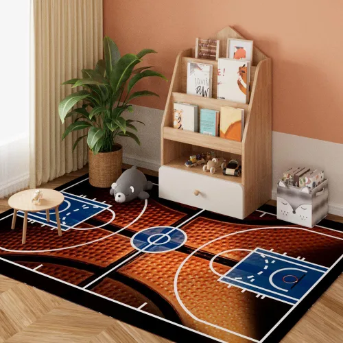 Vista 2 de Alfombra de área con patrón de cancha de baloncesto, moderna, de franela, de microfibra, antideslizante, para sala de estar, dormitorio, 7 x 5 pies