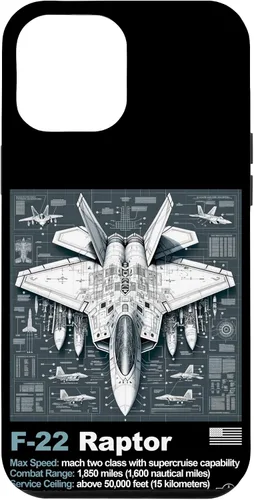 Vista 26 de F22 Raptor Fighter Jet Blueprint - Funda para iPhone 16, diseño técnico y especificaciones