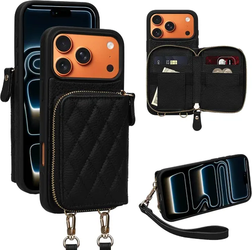 Vista 29 de Funda para iPhone 12 Pro/iPhone 12 de 6.1 pulgadas, cartera cruzada con cremallera para mujer, tarjetero con bloqueo RFID, funda de cuero con Negro