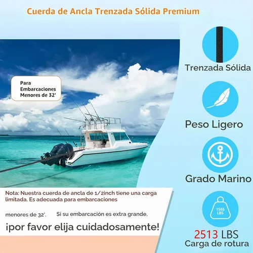 Vista 2 de Cuerda de anclaje de 1/2 pulgada y 50 pies, cuerda de anclaje para barco, trenza sólida MFP, línea de anclaje con dedal de acero inoxidable 316