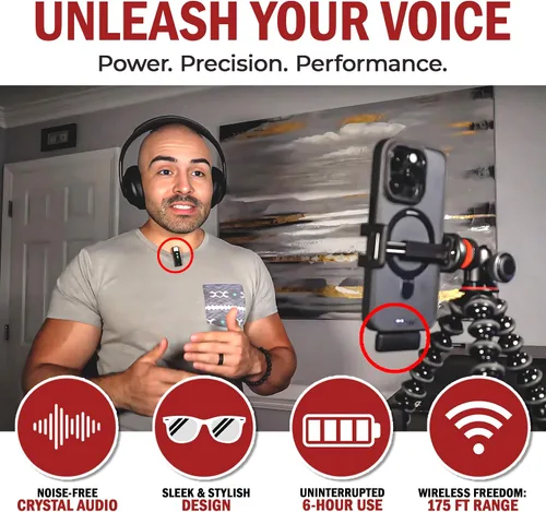 Vista 2 de Micrófono Lavalier inalámbrico para iPhone y todos los dispositivos, micrófono único de 2.4 GHz, audio con cancelación de ruido, largo alcance