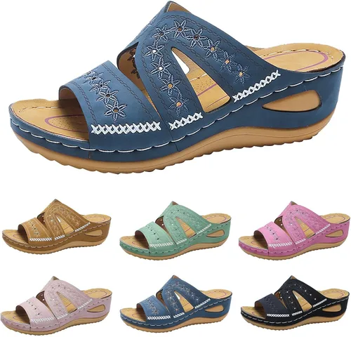 Vista 17 de Sandalias ortopédicas con soporte de arco, sandalias planas para exteriores, estilo bohemio, para caminar, cómodas, elegantes, informales