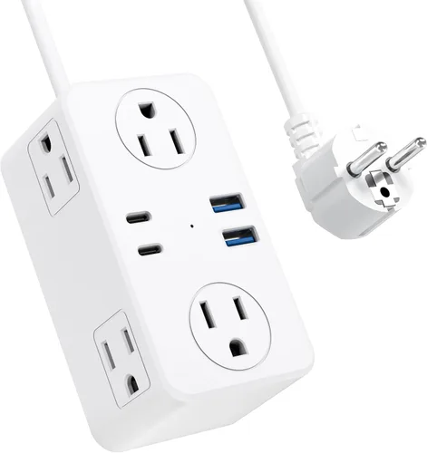 Vista 6 de Adaptador de enchufe de viaje europeo Kakyanill, adaptador de corriente para Italia, 4 tomas de CA, 3 puertos USB (2 USB C), cable de extensión