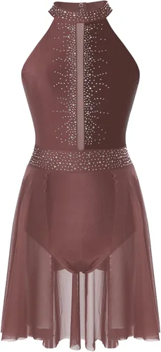 Vista 5 de Disfraz de danza lírica para mujer, cuello halter, falda fluida, leotardo de ballet, ropa de baile moderna y contemporánea