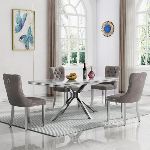 Vista 10 de Juego de 5 mesas de comedor, juego de mesa de cocina y comedor para 4, mesa de cocina rectangular de mármol sintético blanco de 47 pulgadas con base