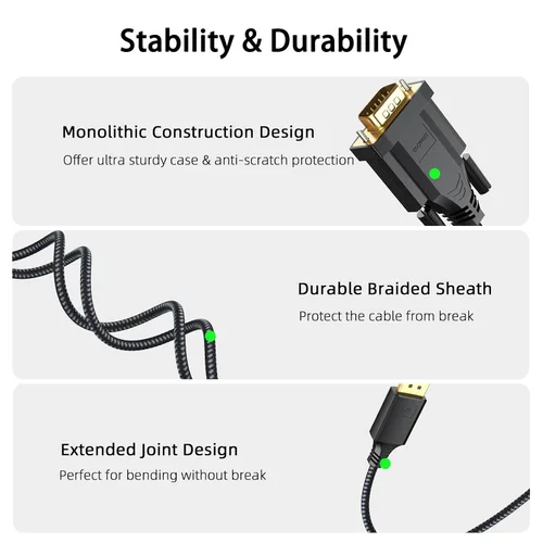 Vista 5 de Cable HDMI a VGA de 6 pies macho a macho, cable adaptador activo chapado en oro, convertidor de conector para conectar computadora portátil