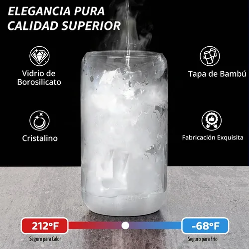Vista 4 de 12 vasos de vidrio con tapas y pajitas de bambú, vaso de vidrio de 16 onzas, taza de café helado, vasos con forma de lata para café, té, batido