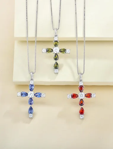 Vista 70 de YL Collar de cruz de plata de ley 925 con colgante de piedra natal religiosa para mujer