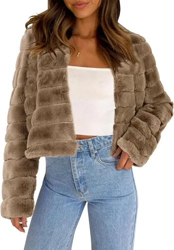 Vista 15 de Allegra K Abrigo chaqueta de piel sintética para mujer de manga larga recortado esponjoso sin cuello casual cálido de invierno ropa exterior