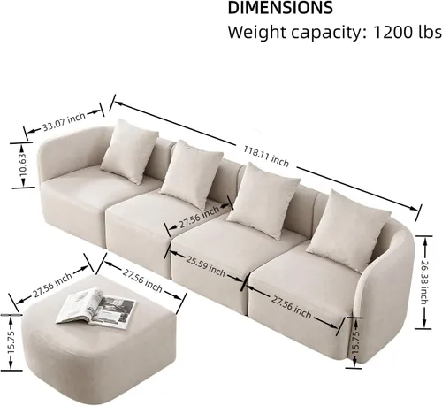 Vista 2 de Sofá modular modular de asiento profundo de 118 pulgadas con otomana Asiento profundo, diseño modular, comodidad de gran tamaño y tapicería