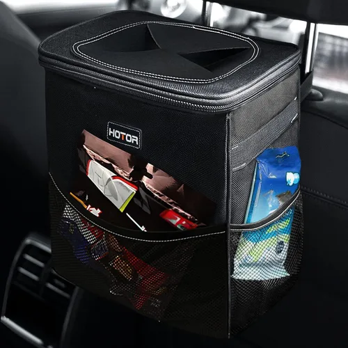 Vista 18 de HOTOR - Organizador de auto con tapa y bolsillos de almacenamiento, 100 % a prueba de fugas, resistente al agua, cubo de basura para autos Negro