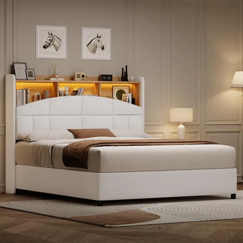 Vista 6 de REVOMINCA Marco de cama de tamaño completo con cabecero, marco de cama tapizado de terciopelo con luces LED, plataforma de tamaño completo