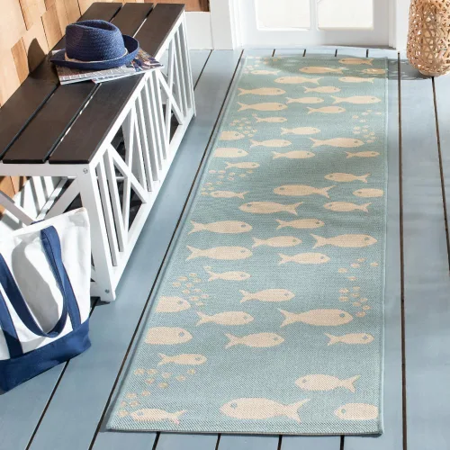 Vista 31 de SAFAVIEH Alfombra lavable para exteriores, colección Patio de 2.3 x 12 pies, color azul y beige, no desprende pelusa y fácil de limpiar, ideal