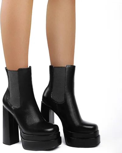 Vista 3 de SIFINELAR Botas de tobillo con plataforma para mujer tacón alto tacón grueso punta cuadrada botas cortas con cremallera lateral