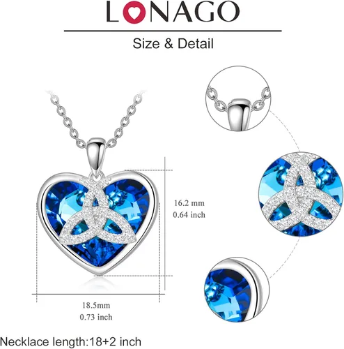 Vista 6 de LONAGO Irish Gifts for Women Heart Celtic Knot Necklace with Heart Shape Blue Crystal from Austria Birthday Gift for Women Girl