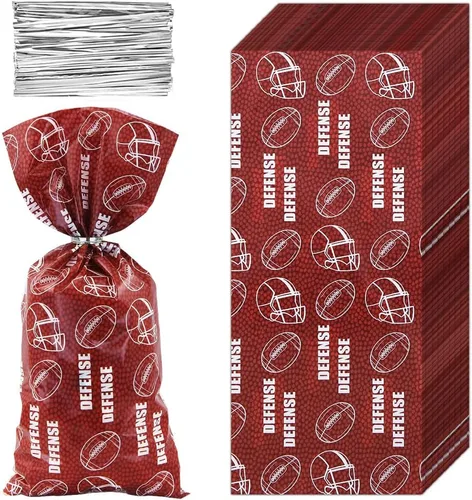 Vista 2 de Boerni 100 bolsas de aperitivos de fútbol, 4 estilos de juegos de pelota, rugby, fútbol, dulces, violonchelo, bolsas con lazos giratorios plateados