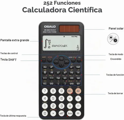 Vista 5 de OSALO Calculadora científica 252 funciones Pantalla escrita de 2 líneas y calculadoras solares de batería para estudiantes de secundaria (OS-82ES-2)