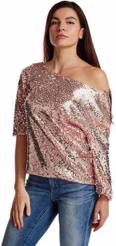 Vista 3 de Camiseta sin mangas con lentejuelas brillantes y hombros descubiertos para mujeres, Blusa, Camiseta para cóctel, informal, con lentejuelas