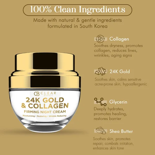 Vista 3 de Clear Beauty Crema de noche de oro de 24 quilates y colágeno, hidratante facial reafirmante y ultrahidratante, restaura la piel suave y de aspecto