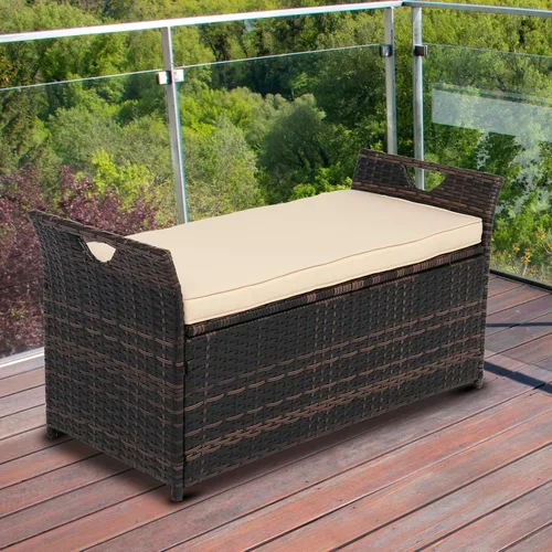 Vista 2 de VINGLI Caja de mimbre para exteriores de 40 galones con cojín, caja de almacenamiento de mimbre para patio, jardín, balcón, porche, piscina, patio