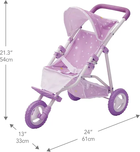 Vista 6 de Olivia's Little World Cochecito de Muñeca Bebé estilo jogging con toldo, cinturón de seguridad y espacio de almacenamiento, morado y blanco