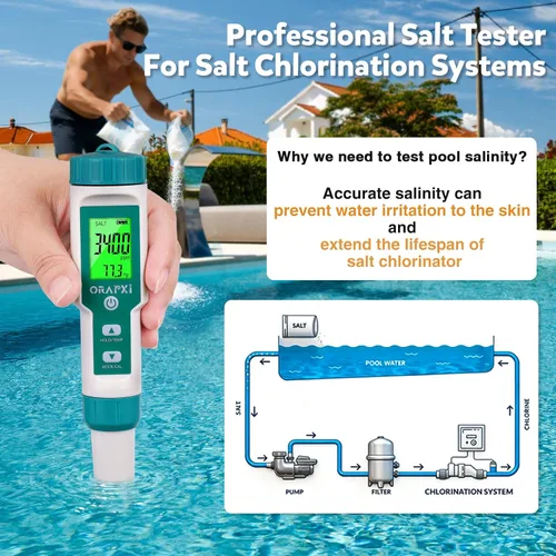 Vista 2 de PORAPXI - Probador digital de salinidad y pH para piscinas, jacuzzis y spas de agua, medidor digital 5 en 1 Digital Salinity Tester 5 in 1 pH Salt