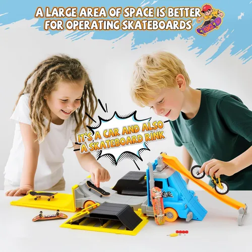 Vista 5 de Set de Parque de Patineta Hestiasko, Vehículo Camión Transformable 2-en-1 con 3 Diapasones, Bicicleta de Dedo, Rampas, Estuche de Almacenamiento