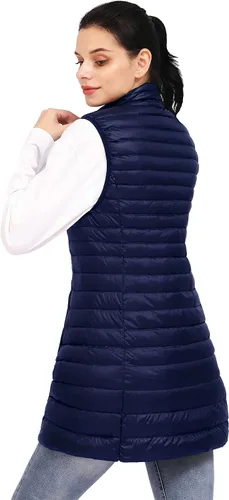 Vista 4 de ELFJOY Chaleco largo acolchado para mujer, chaleco de plumón largo ultraligero con cuello alto, chalecos negros para mujer, ropa de abrigo