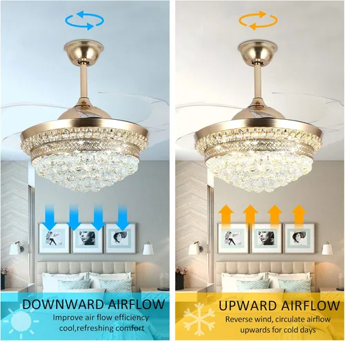 Vista 4 de Lámpara de techo invisible de 42 pulgadas con luz, ventilador de techo de cristal moderno, control remoto, 4 aspas retráctiles de ABS para Dorado