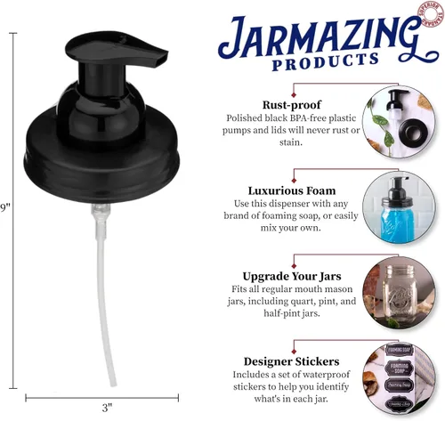Vista 2 de Jarmazing Products Mason Jar - Tapas dispensadoras de jabón espumoso, incluye calcomanías impermeables, color negro, 1 paquete