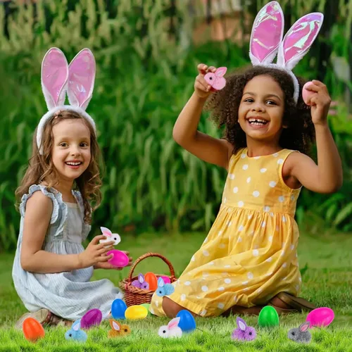 Vista 6 de Paquete de 36 rellenos de huevos de Pascua con peluche de conejo de Pascua, huevos de Pascua con juguetes en el interior, mini animales de peluche
