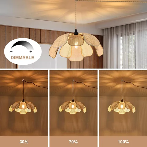 Vista 5 de Candelabros Bohemios Enchufables Luces Colgantes de Ratán Lámpara Colgante de Flores con Interruptor de Encendido/Apagado Cuerda de Cáñamo de 15