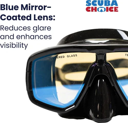 Vista 3 de Scuba Choice Silicone Dive Mask – Dual Tempered Glass Lenses with Mirror Coating, Adjustable Black Skirt & Strap, Snorkeling Diving Mask, Fits Most