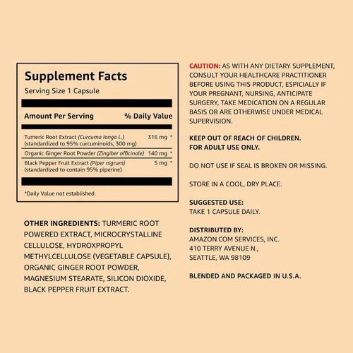 Vista 2 de Amazon Elements Complejo de Cúrcuma, 316 mg de Curcumina con Jengibre y Pimienta Negra, Apoyo Articular e Inmune, 65 Cápsulas