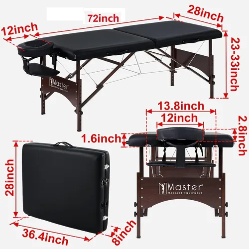 Vista 3 de Master Massage Argo - Mesa de masaje portátil de 28 pulgadas en negro con patas de nogal, cama de spa para ejercicio y masaje de mesa, cama