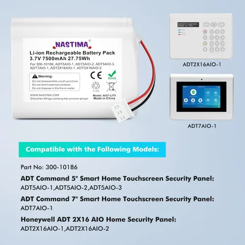 Vista 2 de NASTIMA Batería de repuesto 3.6V/4.2V 300-10186 compatible con panel de seguridad inteligente ADT Command 3.6V 7500mAh 27Wh