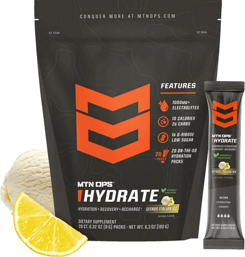 Vista 9 de MTN OPS Hydrate Electrolytes - Mezcla de bebida en polvo, 20 paquetes de electrolitos individuales para llevar con más de 1000 mg de electrolitos