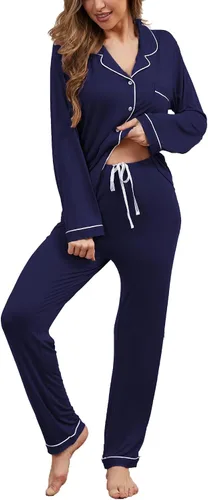 Vista 15 de Juego de pijama con botones para mujer, de manga larga, ropa de dormir suave, conjunto de ropa de descanso, tallas XS-XXL bean paste