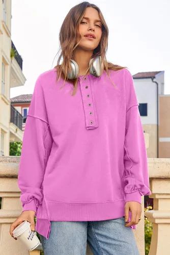 Vista 53 de AlvaQ - Sudadera de gran tamaño para mujer, informal, de manga larga, con botones y cuello Henley, tipo túnica
