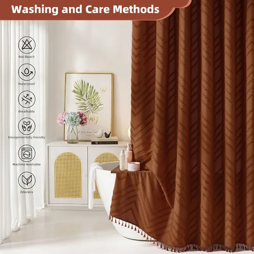 Vista 41 de Cortina de ducha Siiluminisoy de 36x72 beige, cortina de ducha de tela de tamaño pequeño, cortinas de ducha de tela con tufting, diseño chevron a