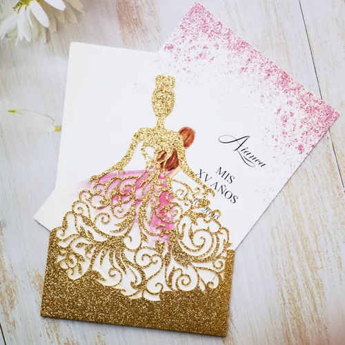 Vista 3 de 50 tarjetas de invitaciones de boda doradas cortadas con láser para cumpleaños, dulces 15 quinceañeras, invitaciones de fiesta de quinceañera, boda