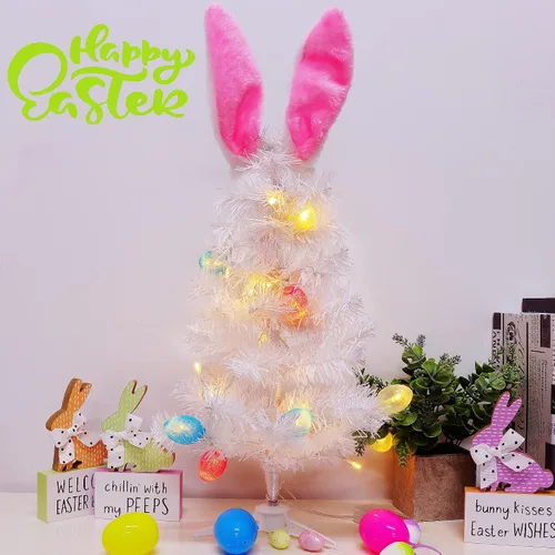 Vista 8 de Dynaming Decoraciones de mesa de Pascua, árbol blanco de conejo de Pascua iluminado de 23 pulgadas, árbol de mesa artificial preiluminado con orejas