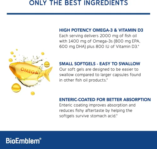 Vista 4 de BioEmblem Aceite de pescado Omega-3 2000mg por porción con vitamina D3-120
