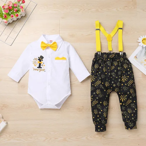 Vista 15 de IBTOM CASTLE Traje de invierno para bebé niño con copos de nieve para primer cumpleaños, mameluco con estampado de pastel y pantalones largos
